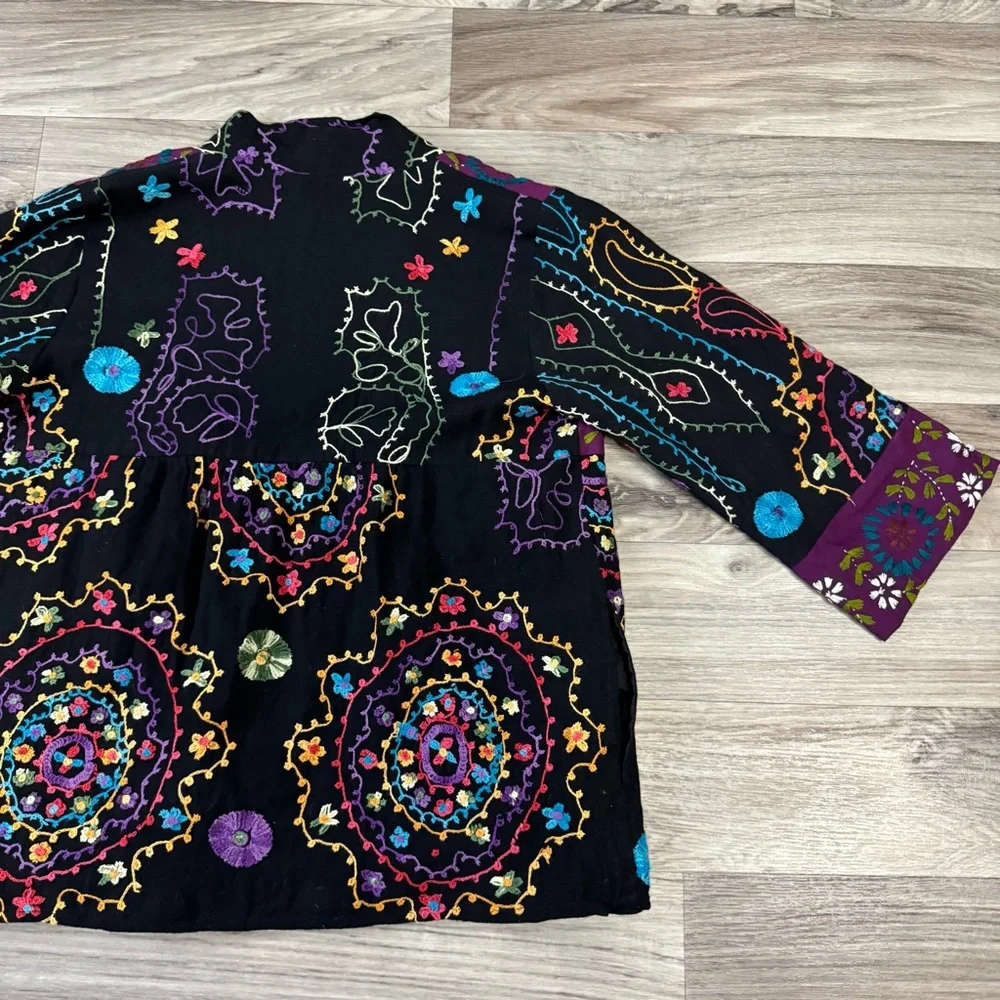 Anu Floral Embroidered Wool Blend Open Front Cardigan Jacket Size Small